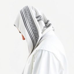 A side view of a devout Jewish man wearing all-white clothing, with his head completely covered by a Tallit, the traditional prayer shawl