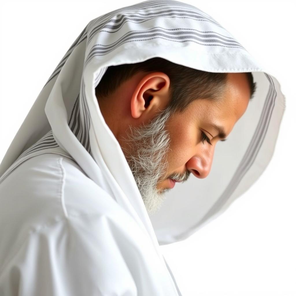 A side view of a devout Jewish man wearing all-white clothing, with his head completely covered by a Tallit, the traditional prayer shawl