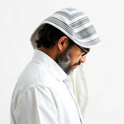 A side view of a devout Jewish man wearing all-white clothing, with his head completely covered by a Tallit, the traditional prayer shawl