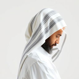 A side view of a devout Jewish man wearing all-white clothing, with his head completely covered by a Tallit, the traditional prayer shawl