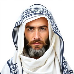 A beautiful representation of a devout Jewish man adorned in a traditional Tallit, fully covering his head and shoulders