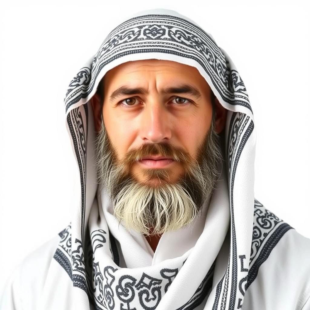 A beautiful representation of a devout Jewish man adorned in a traditional Tallit, fully covering his head and shoulders