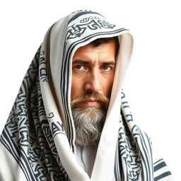 A beautiful representation of a devout Jewish man adorned in a traditional Tallit, fully covering his head and shoulders