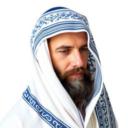 A beautiful representation of a devout Jewish man adorned in a traditional Tallit, fully covering his head and shoulders