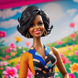 An imaginative and vibrant depiction of Michelle Obama as a Barbie doll, showcasing a stylish, fashionable outfit inspired by her iconic looks