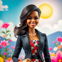 An imaginative and vibrant depiction of Michelle Obama as a Barbie doll, showcasing a stylish, fashionable outfit inspired by her iconic looks