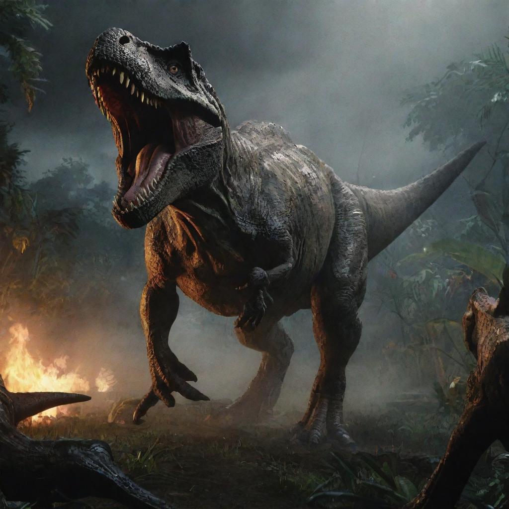 Deepen the primal drama in the image by showcasing the overwhelming Tyrannosaurus Rex launching an attack on an agile Galimimus among the chaos ensuing in the blackout-stricken Jurassic Park.