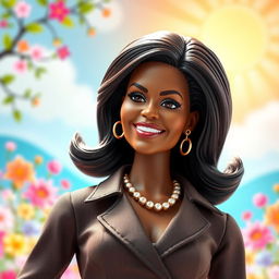 An imaginative and vibrant depiction of Michelle Obama as a Barbie doll, showcasing a stylish, fashionable outfit inspired by her iconic looks