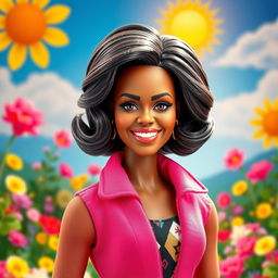 An imaginative and vibrant depiction of Michelle Obama as a Barbie doll, showcasing a stylish, fashionable outfit inspired by her iconic looks