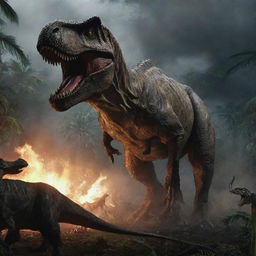 Deepen the primal drama in the image by showcasing the overwhelming Tyrannosaurus Rex launching an attack on an agile Galimimus among the chaos ensuing in the blackout-stricken Jurassic Park.