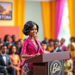 An imaginative depiction of Michelle Obama as a Barbie doll, confidently delivering a speech at a podium