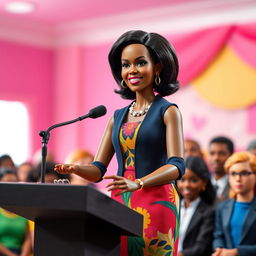 An imaginative depiction of Michelle Obama as a Barbie doll, confidently delivering a speech at a podium