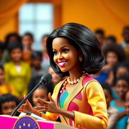 An imaginative depiction of Michelle Obama as a Barbie doll, confidently delivering a speech at a podium