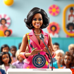 An imaginative depiction of Michelle Obama as a Barbie doll, confidently delivering a speech at a podium