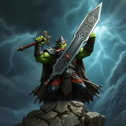 A fearsome orc king stands triumphantly on a rocky cliff, holding an enormous, intricately designed sword above his head