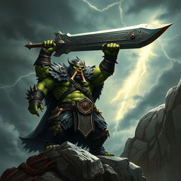 A fearsome orc king stands triumphantly on a rocky cliff, holding an enormous, intricately designed sword above his head