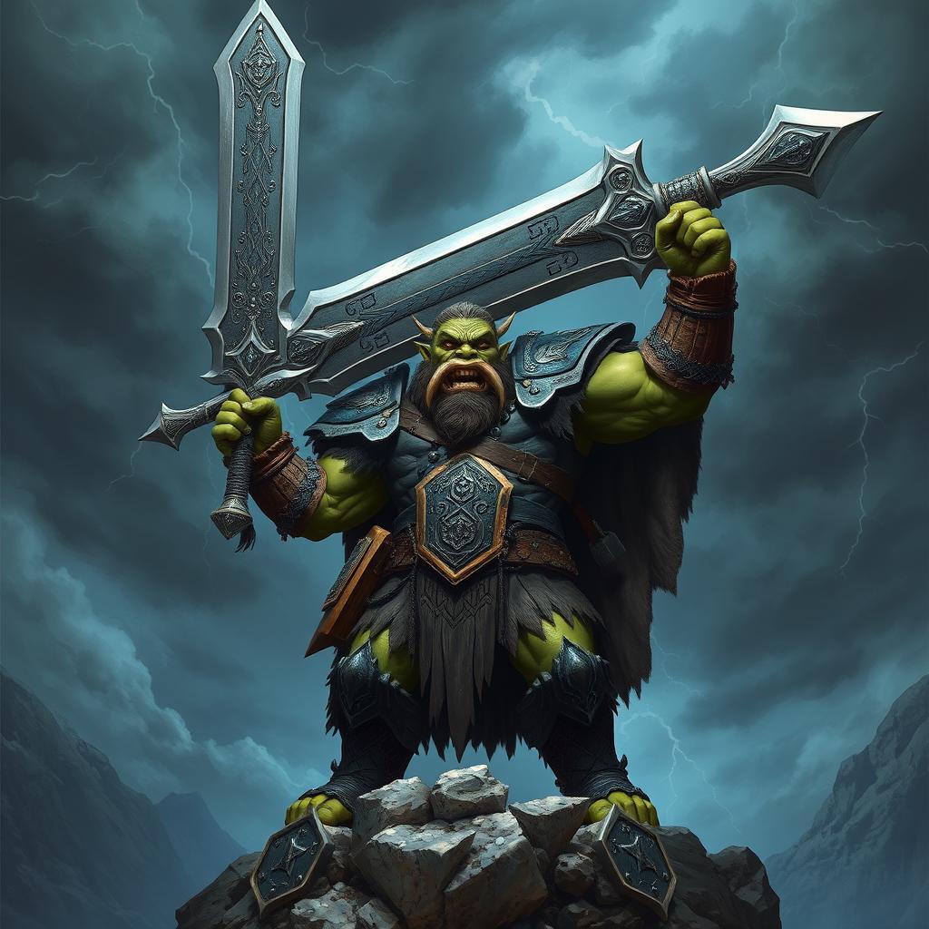 A fearsome orc king stands triumphantly on a rocky cliff, holding an enormous, intricately designed sword above his head