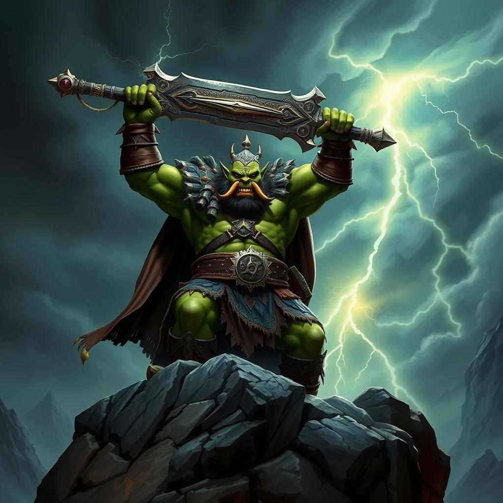 A fearsome orc king stands triumphantly on a rocky cliff, holding an enormous, intricately designed sword above his head