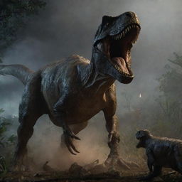 Deepen the primal drama in the image by showcasing the overwhelming Tyrannosaurus Rex launching an attack on an agile Galimimus among the chaos ensuing in the blackout-stricken Jurassic Park.