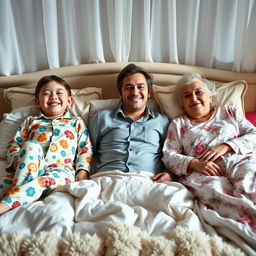 A cozy bedroom scene featuring three people comfortably lying together on a bed