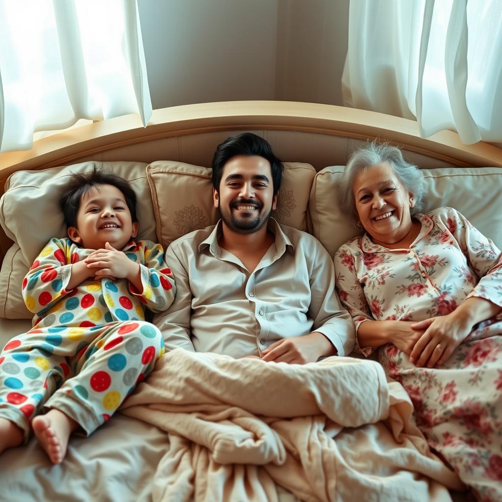 A cozy bedroom scene featuring three people comfortably lying together on a bed