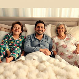 A cozy bedroom scene featuring three people comfortably lying together on a bed