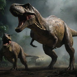 Deepen the primal drama in the image by showcasing the overwhelming Tyrannosaurus Rex launching an attack on an agile Galimimus among the chaos ensuing in the blackout-stricken Jurassic Park.