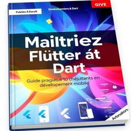 A captivating book cover for a Flutter/Dart application development guide titled 'Maîtrisez Flutter et Dart : Guide Pratique pour Débutants en Développement Mobile'