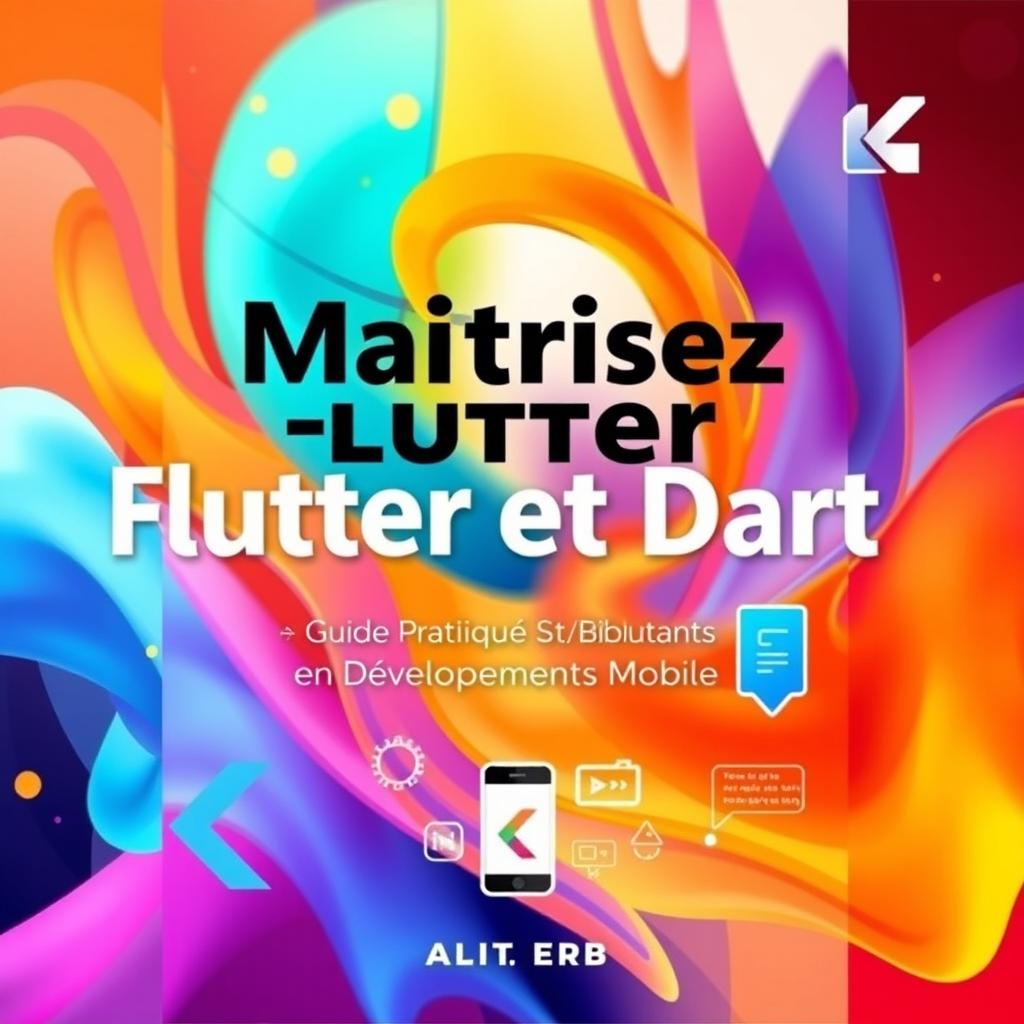 A captivating book cover for a Flutter/Dart application development guide titled 'Maîtrisez Flutter et Dart : Guide Pratique pour Débutants en Développement Mobile'