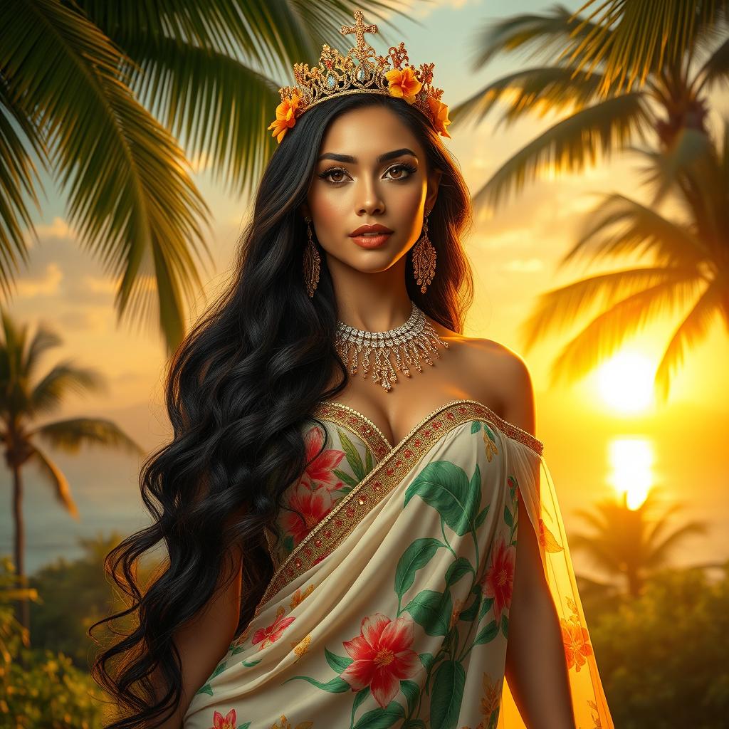 A magnificent portrayal of a Puerto Rican queen radiating elegance and timeless beauty, dressed in a flowing, jeweled gown that drapes gracefully, adorned with vibrant tropical patterns