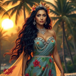 A magnificent portrayal of a Puerto Rican queen radiating elegance and timeless beauty, dressed in a flowing, jeweled gown that drapes gracefully, adorned with vibrant tropical patterns