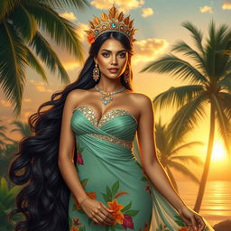 A magnificent portrayal of a Puerto Rican queen radiating elegance and timeless beauty, dressed in a flowing, jeweled gown that drapes gracefully, adorned with vibrant tropical patterns