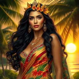 A magnificent portrayal of a Puerto Rican queen radiating elegance and timeless beauty, dressed in a flowing, jeweled gown that drapes gracefully, adorned with vibrant tropical patterns