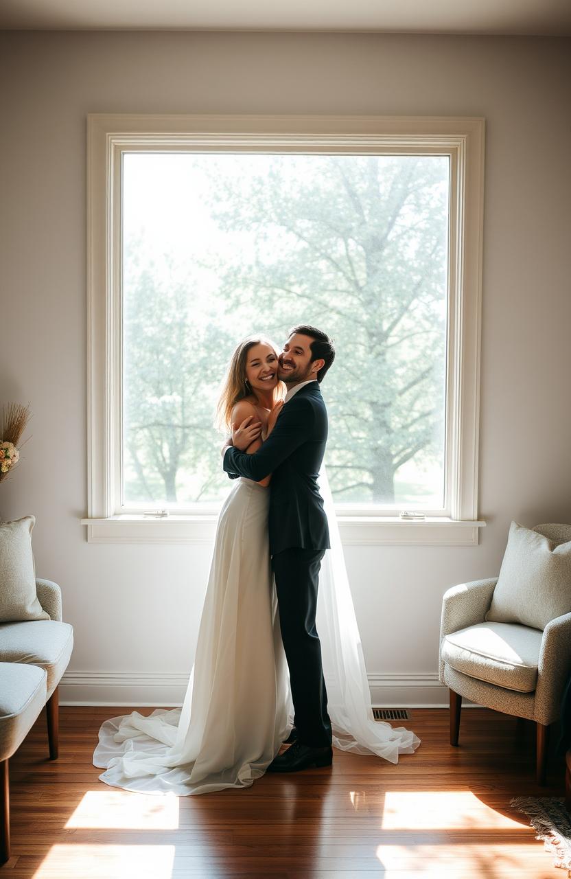 A couple of newlyweds, joyfully embracing in a cozy, simple house interior