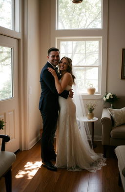 A couple of newlyweds, joyfully embracing in a cozy, simple house interior