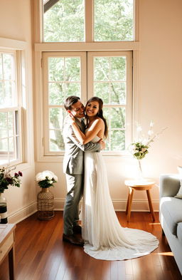 A couple of newlyweds, joyfully embracing in a cozy, simple house interior