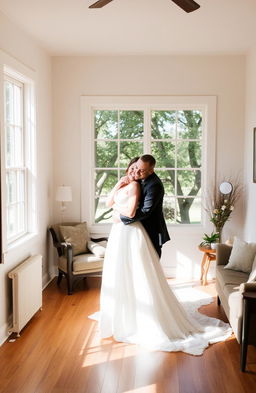 A couple of newlyweds, joyfully embracing in a cozy, simple house interior