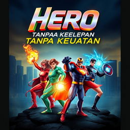 A dynamic 3D novel cover for 'Hero Tanpa Kekuatan' (Hero Without Powers) featuring four powerful superheroes in striking poses