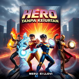 A dynamic 3D novel cover for 'Hero Tanpa Kekuatan' (Hero Without Powers) featuring four powerful superheroes in striking poses