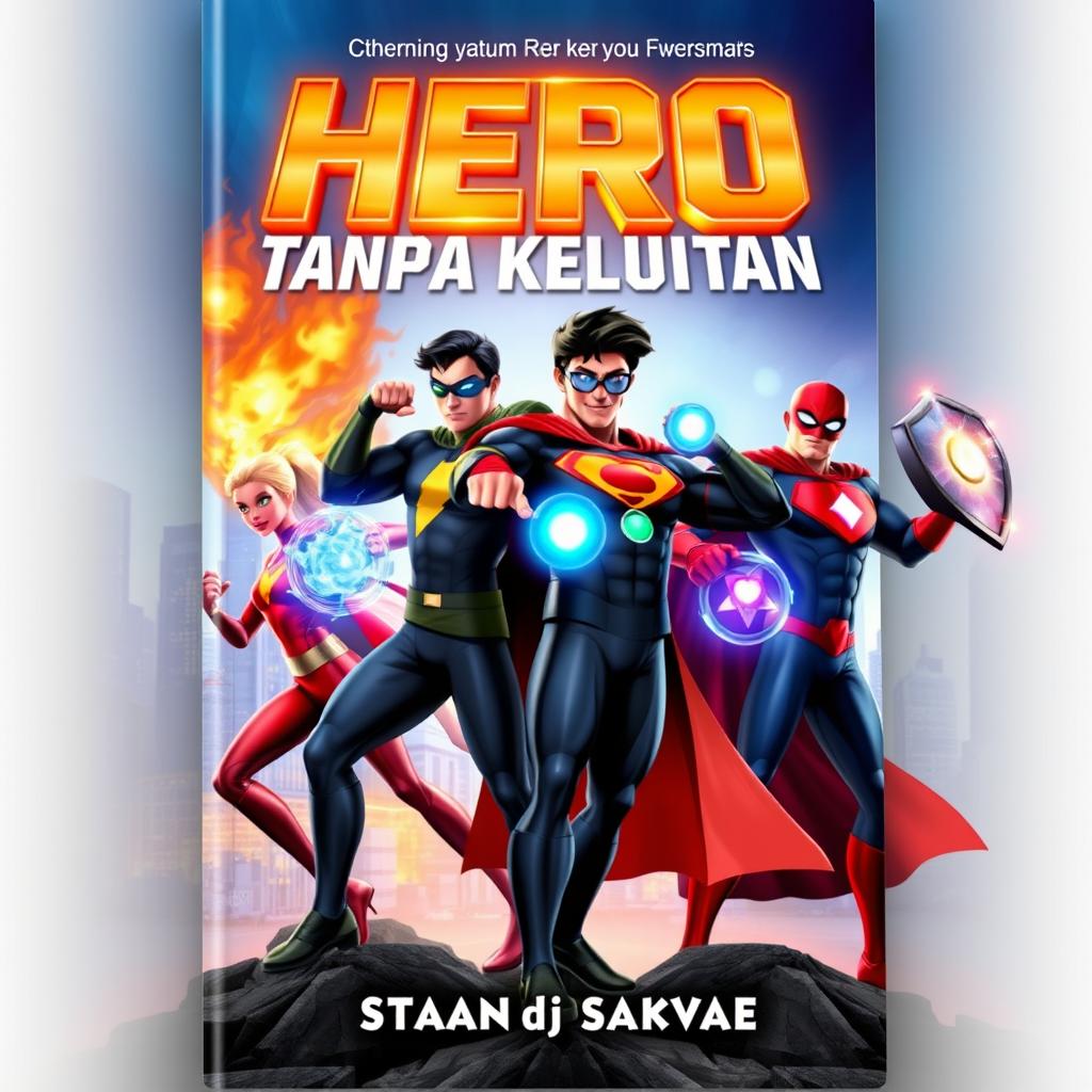 A dynamic 3D novel cover for 'Hero Tanpa Kekuatan' (Hero Without Powers) featuring four powerful superheroes in striking poses