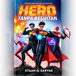 A dynamic 3D novel cover for 'Hero Tanpa Kekuatan' (Hero Without Powers) featuring four powerful superheroes in striking poses