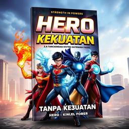 A dynamic 3D novel cover for 'Hero Tanpa Kekuatan' (Hero Without Powers) featuring four powerful superheroes in striking poses