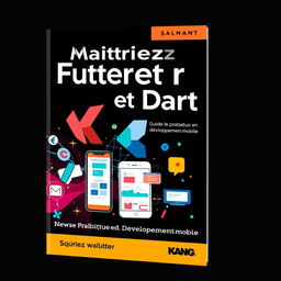 A visually striking book cover for a Flutter/Dart application development guide titled 'Maîtrisez Flutter et Dart : Guide Pratique pour Débutants en Développement Mobile'