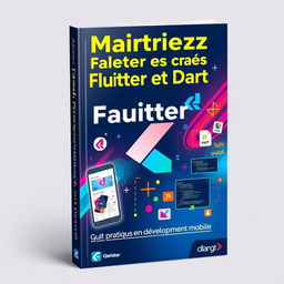 A visually striking book cover for a Flutter/Dart application development guide titled 'Maîtrisez Flutter et Dart : Guide Pratique pour Débutants en Développement Mobile'