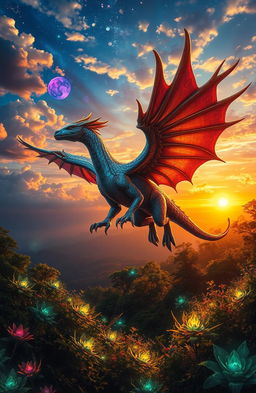 A majestic, mythical creature resembling a colossal, winged sapient being, soaring through a vibrant, mystical sky filled with colorful clouds and constellations