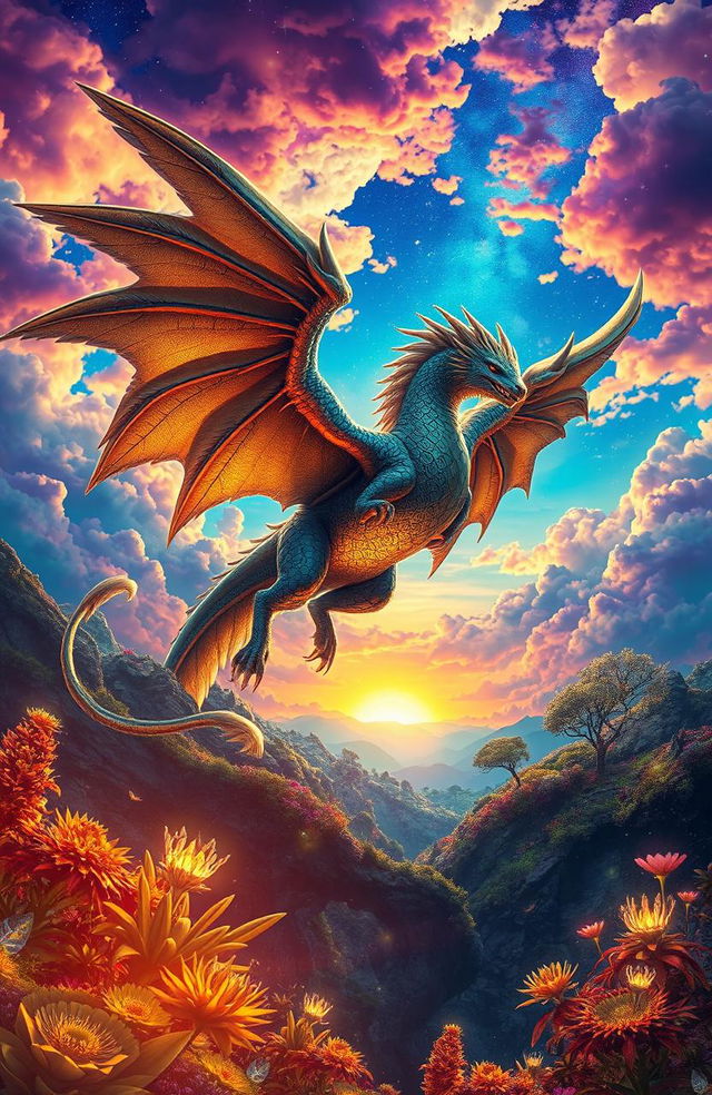 A majestic, mythical creature resembling a colossal, winged sapient being, soaring through a vibrant, mystical sky filled with colorful clouds and constellations