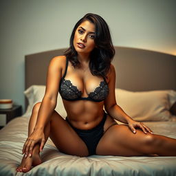 A medium-length brunette Latina woman wearing sexy, revealing lingerie, sitting on a bed