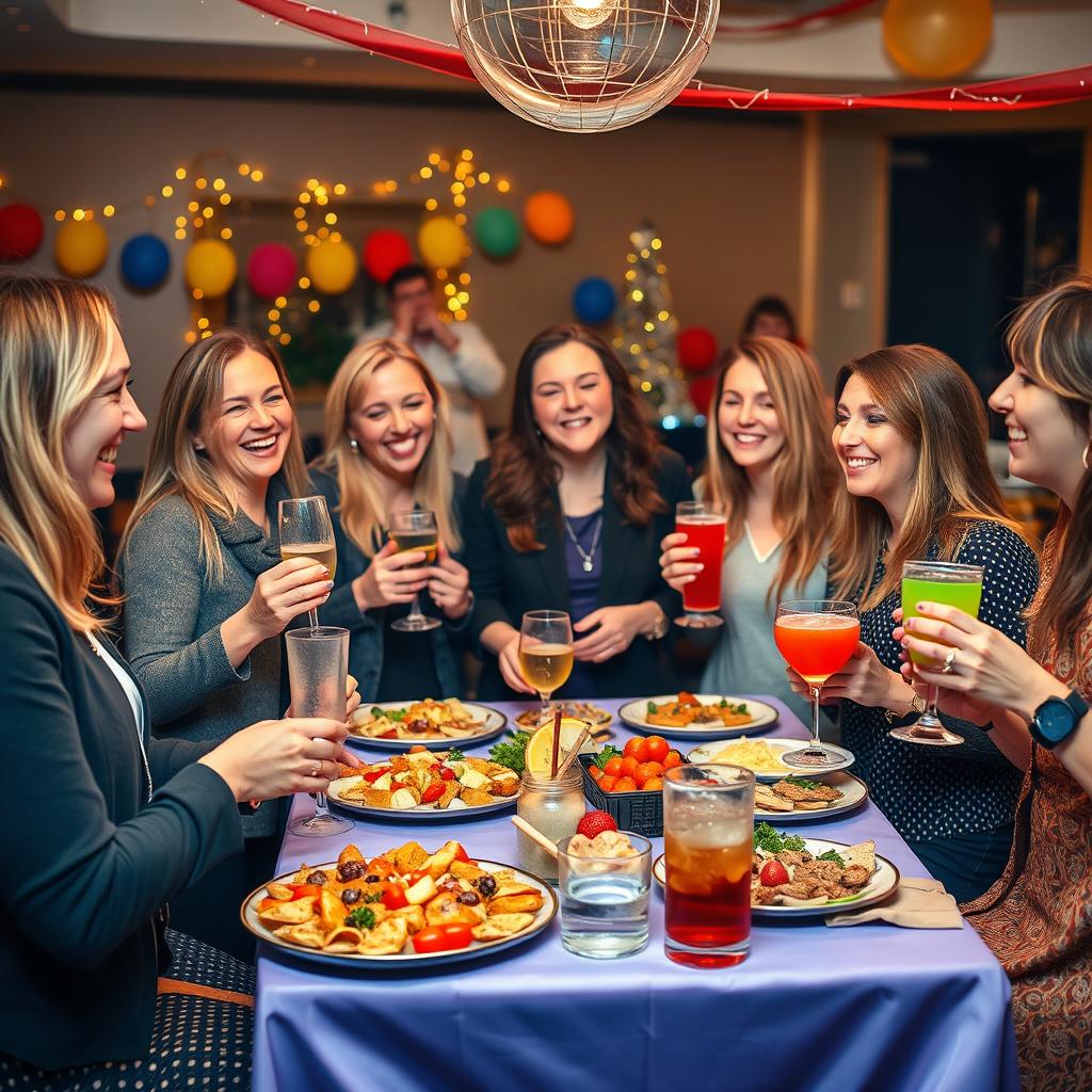 A lively scene featuring several high school teachers enjoying a festive celebration