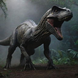 Intensify the scene further by bringing an Indominus Rex onto the chaos-ridden landscape of the darkened Jurassic Park, rivalling the existing Tyrannosaurus Rex.