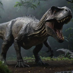 Intensify the scene further by bringing an Indominus Rex onto the chaos-ridden landscape of the darkened Jurassic Park, rivalling the existing Tyrannosaurus Rex.